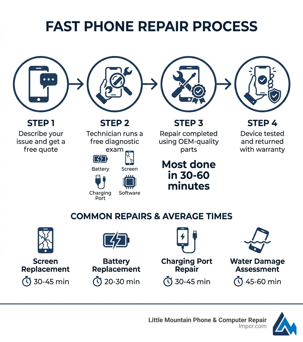 Infographic showing the fast phone repair process: Step 1 - Describe your issue and get a free quote; Step 2 - Technician runs a free diagnostic exam (battery, screen, charging port, software); Step 3 - Repair completed using OEM-quality parts (most done in 30-60 minutes); Step 4 - Device tested and returned with warranty; Common repairs listed with average times: Screen Replacement 30-45 min, Battery Replacement 20-30 min, Charging Port Repair 30-45 min, Water Damage Assessment 45-60 min - fast phone repair infographic 