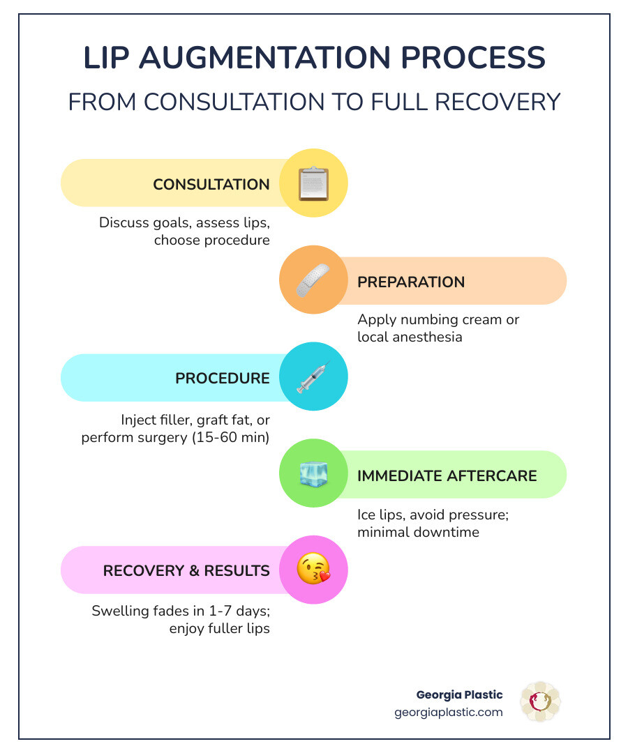 Infographic showing lip augmentation cost breakdown by procedure type including dermal fillers at $500-$1,200 per syringe lasting 6-12 months, lip flip at $190-$485 lasting 2-4 months, fat transfer at $2,500-$6,175 lasting several years, lip implants at $2,000-$6,000 as permanent, and lip lift at $3,500-$7,000 as permanent, with icons for each procedure and a timeline showing the consultation-to-recovery process - lip augmentation cost infographic infographic-line-5-steps-colors Infographic showing lip augmentation cost breakdown by procedure type including dermal fillers at $500-$1,200 per syringe lasting 6-12 months, lip flip at $190-$485 lasting 2-4 months, fat transfer at $2,500-$6,175 lasting several years, lip implants at $2,000-$6,000 as permanent, and lip lift at $3,500-$7,000 as permanent, with icons for each procedure and a timeline showing the consultation-to-recovery process - lip augmentation cost infographic infographic-line-5-steps-colors