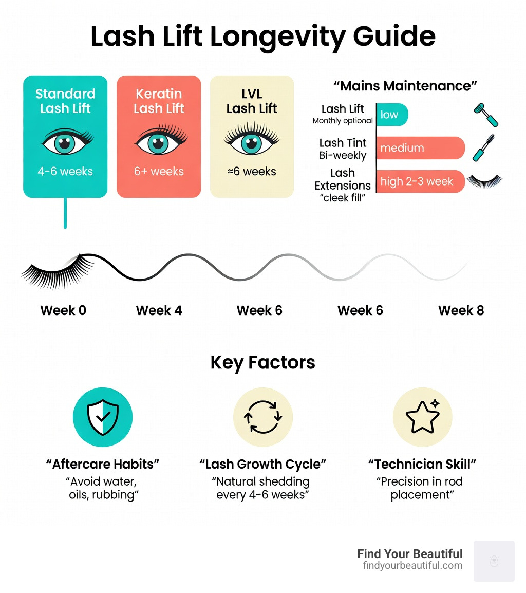 Infographic showing lash lift duration by treatment type, key factors affecting longevity including aftercare, lash growth cycle, and technician skill, a timeline from 0 to 8 weeks showing gradual fading, and a comparison between lash lift, lash tint, and lash extensions maintenance schedules - how long does a lash lift last infographic 