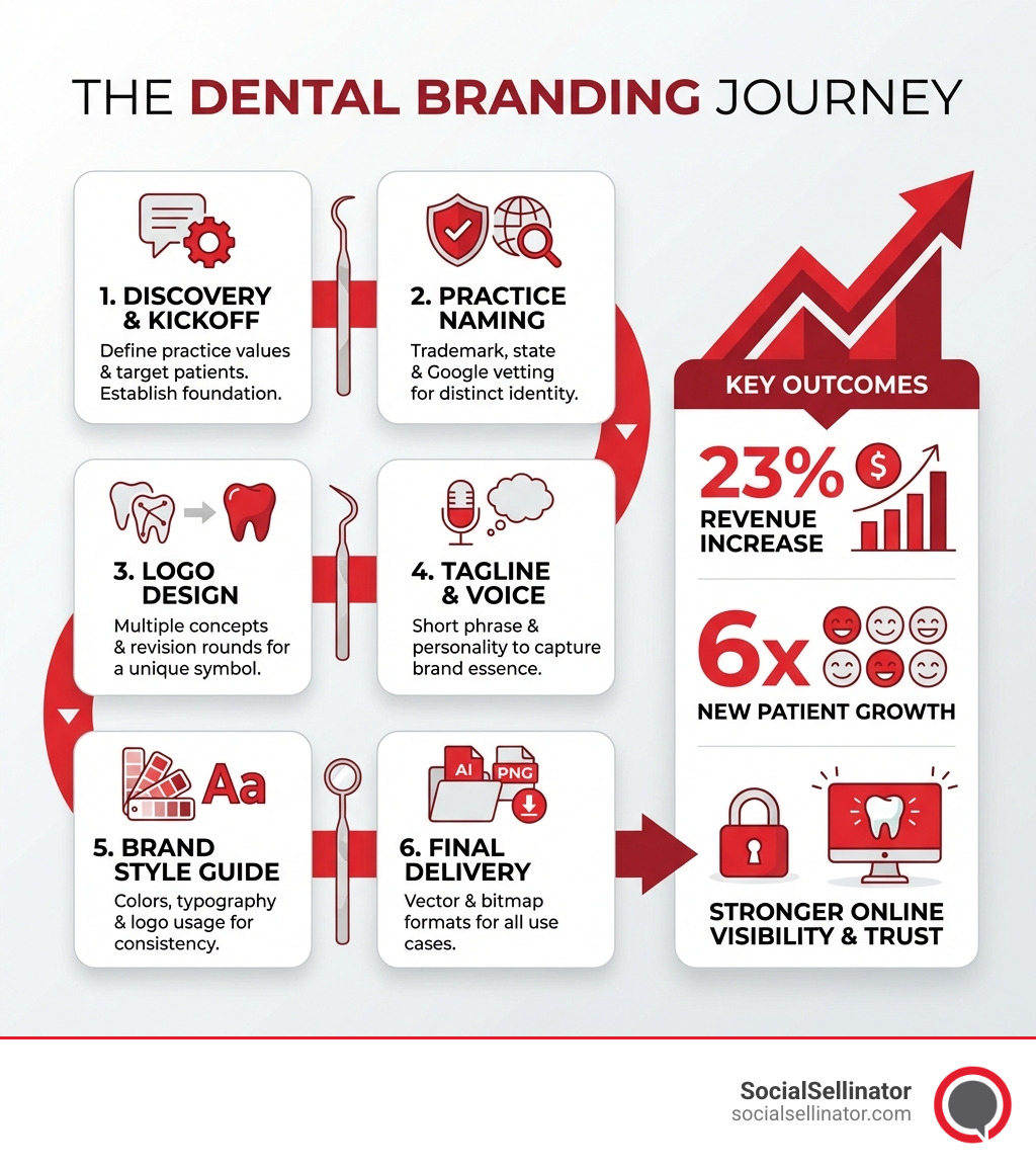 Infographic showing the dental branding journey: Step 1 - Discovery and kickoff call to define practice values and target patients; Step 2 - Practice naming with trademark and Google vetting; Step 3 - Logo design through multiple concept and revision rounds; Step 4 - Tagline and brand voice development; Step 5 - Brand style guide creation covering colors, typography, and logo usage; Step 6 - Final file delivery in vector and bitmap formats; Key outcomes shown: stronger online visibility and patient trust - dental branding company infographic 