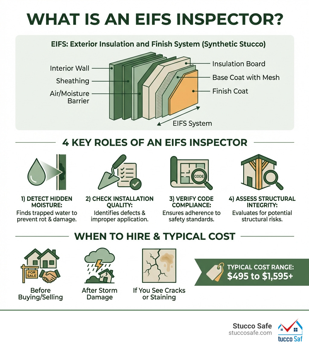 Infographic showing: What is an EIFS Inspector? - Top section: Definition of EIFS (Exterior Insulation and Finish System / synthetic stucco) with a simple diagram of wall layers. Middle section: 4 key roles of an EIFS inspector shown as icons - 1) Detect hidden moisture, 2) Check installation quality, 3) Verify code compliance, 4) Assess structural integrity. Bottom section: When to hire one - Before buying/selling, after storm damage, if you see cracks or staining. Cost range: $495 to $1,595+ - eifs inspector infographic Infographic showing: What is an EIFS Inspector? - Top section: Definition of EIFS (Exterior Insulation and Finish System / synthetic stucco) with a simple diagram of wall layers. Middle section: 4 key roles of an EIFS inspector shown as icons - 1) Detect hidden moisture, 2) Check installation quality, 3) Verify code compliance, 4) Assess structural integrity. Bottom section: When to hire one - Before buying/selling, after storm damage, if you see cracks or staining. Cost range: $495 to $1,595+ - eifs inspector infographic