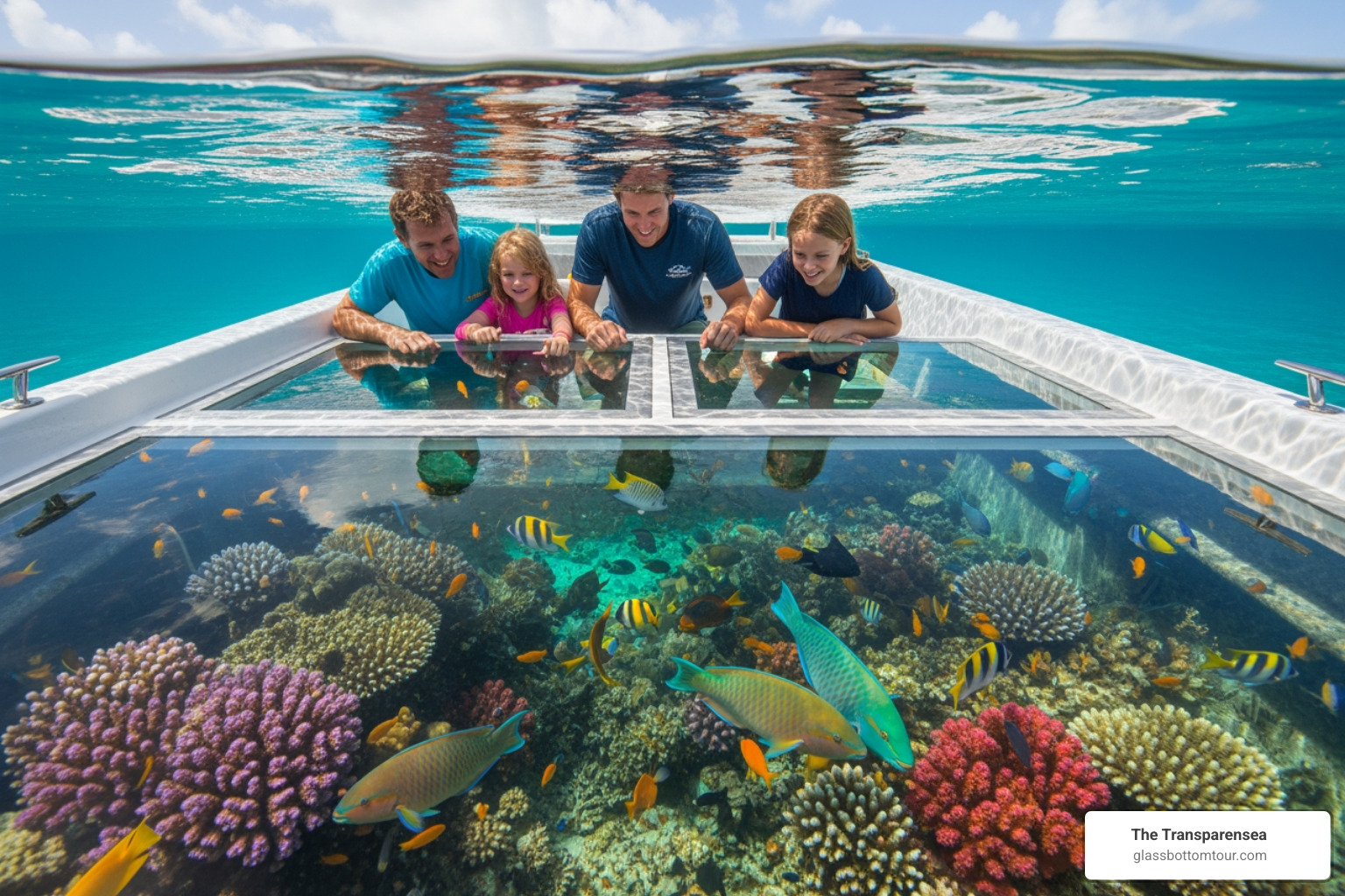 A family looking through the glass viewing panels of a boat, seeing colorful coral and fish below them in the clear Florida Keys water - Florida Keys vacation activities