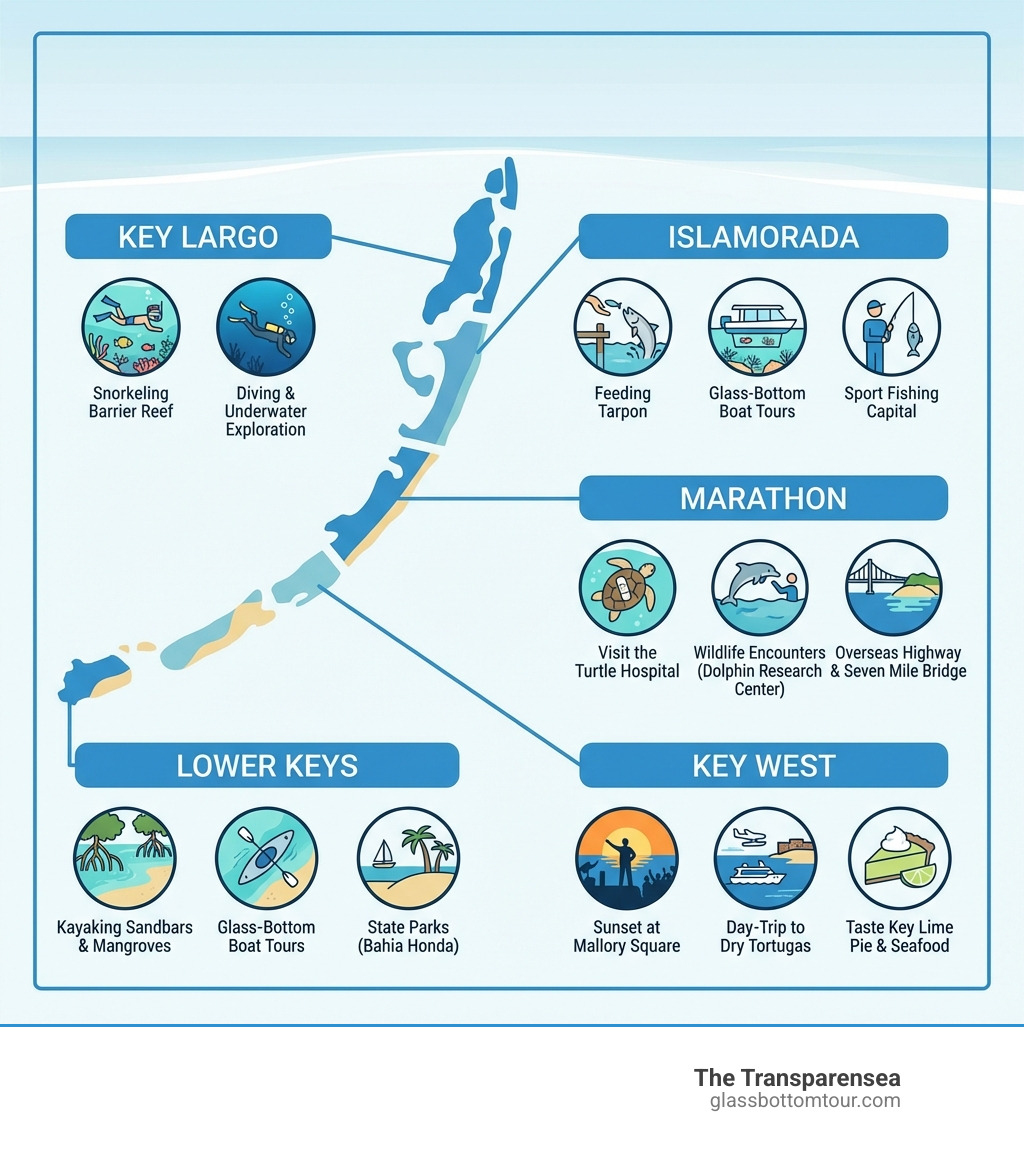 Infographic showing the 202-mile Florida Keys island chain with five key destination zones labeled &mdash; Key Largo, Islamorada, Marathon, Lower Keys, and Key West &mdash; each paired with 2-3 signature activities such as snorkeling the barrier reef in Key Largo, feeding tarpon in Islamorada, visiting the Turtle Hospital in Marathon, kayaking sandbars in the Lower Keys, and watching the sunset at Mallory Square in Key West - Florida Keys vacation activities infographic 