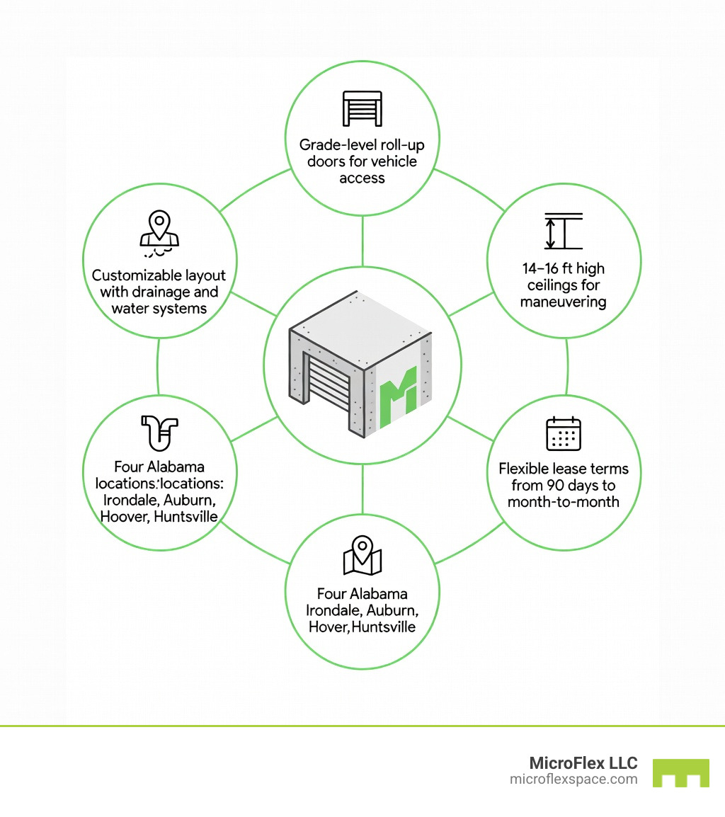 Infographic showing how MicroFlex spaces serve auto detailing businesses: a diagram with a central MicroFlex unit icon connected to five key benefits — (1) Grade-level roll-up doors for vehicle access, (2) 14–16 ft high ceilings for maneuvering, (3) Customizable layout with drainage and water systems, (4) Flexible lease terms from 90 days to month-to-month, (5) Four Alabama locations: Irondale, Auburn, Hoover, Huntsville — each benefit shown with a simple icon and one-line description - MicroFlex Spaces For Auto Detailing Businesses infographic Infographic showing how MicroFlex spaces serve auto detailing businesses: a diagram with a central MicroFlex unit icon connected to five key benefits — (1) Grade-level roll-up doors for vehicle access, (2) 14–16 ft high ceilings for maneuvering, (3) Customizable layout with drainage and water systems, (4) Flexible lease terms from 90 days to month-to-month, (5) Four Alabama locations: Irondale, Auburn, Hoover, Huntsville — each benefit shown with a simple icon and one-line description - MicroFlex Spaces For Auto Detailing Businesses infographic