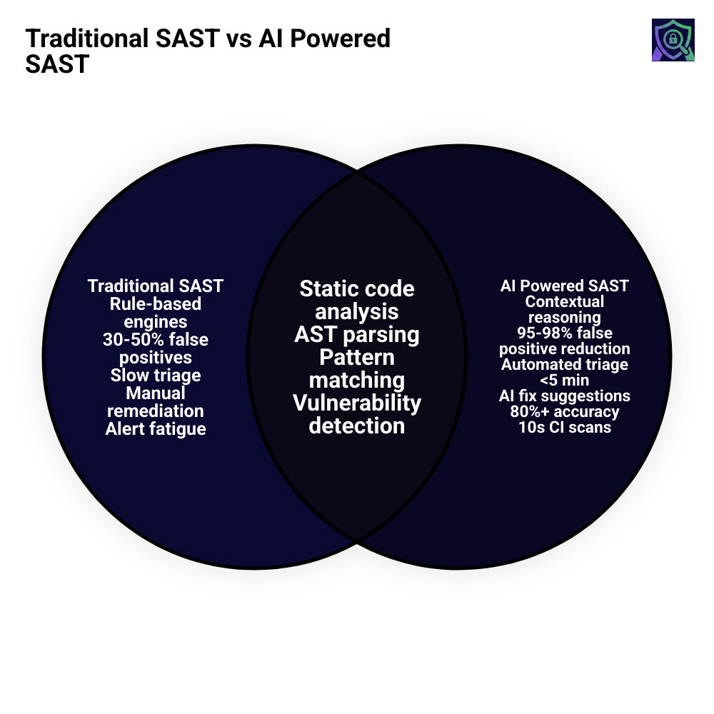 Infographic comparing traditional SAST vs AI powered SAST platforms: left side shows traditional SAST with rule-based engine, high false positive rate (30-50%), slow triage, manual remediation, and alert fatigue; right side shows AI powered SAST with contextual reasoning, up to 95-98% false positive reduction, automated triage under 5 minutes, AI-generated fix suggestions with 80%+ accuracy, CI scan times as fast as 10 seconds, and coverage for 19-35+ programming languages and frameworks - ai powered sast platform infographic venn_diagram