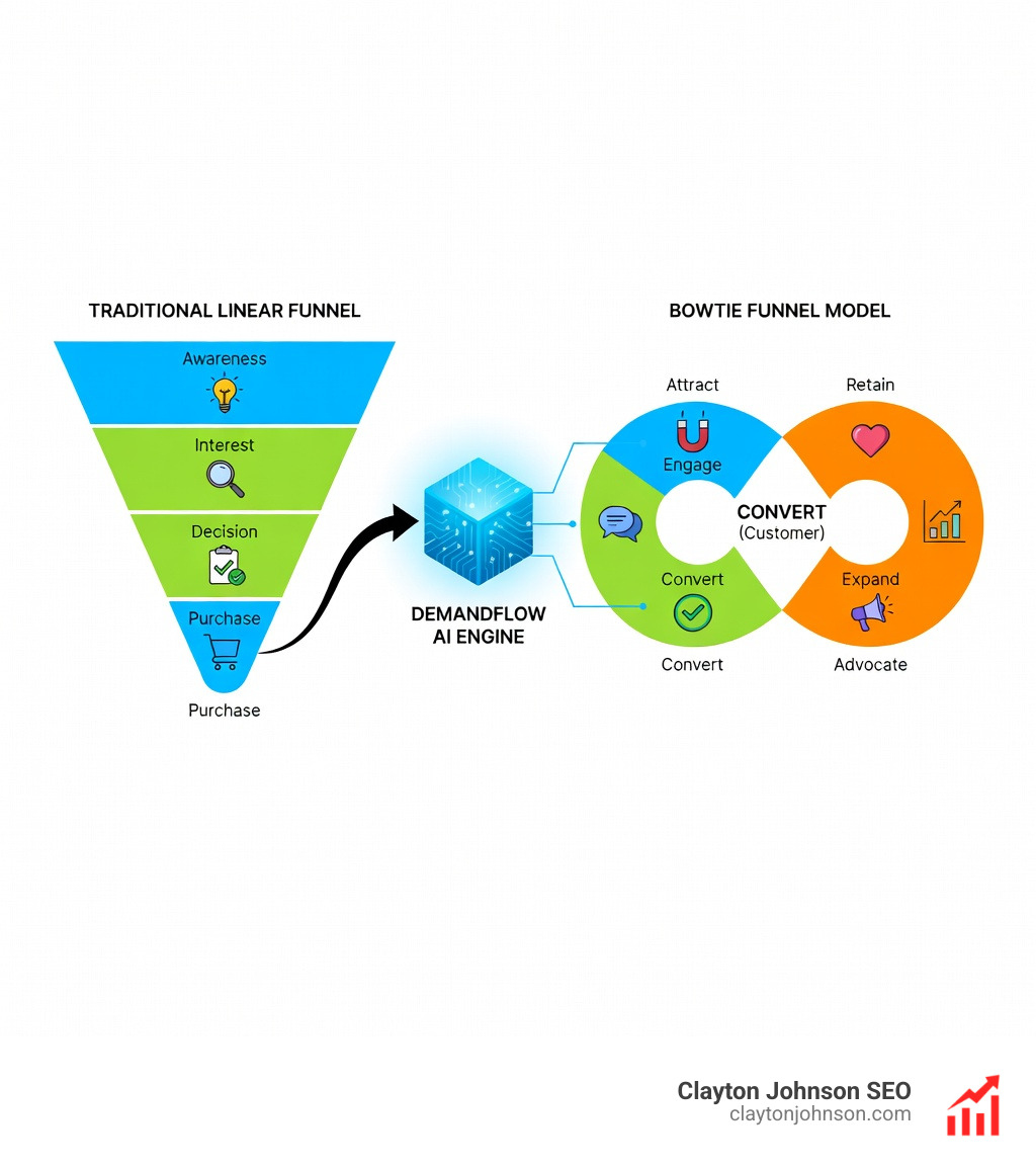 Infographic comparing the traditional linear sales funnel (Awareness > Interest > Decision > Purchase) versus the bowtie funnel model (Attract > Engage > Convert | Retain > Expand > Advocate), showing how the bowtie model accounts for post-sale growth, customer retention, and revenue expansion — with DemandFlow AI engine connecting each stage through automation, lead capture, and lifecycle workflows - Demand Generation Engine & Demandflow.ai infographic infographic-line-5-steps-dark Infographic comparing the traditional linear sales funnel (Awareness > Interest > Decision > Purchase) versus the bowtie funnel model (Attract > Engage > Convert | Retain > Expand > Advocate), showing how the bowtie model accounts for post-sale growth, customer retention, and revenue expansion — with DemandFlow AI engine connecting each stage through automation, lead capture, and lifecycle workflows - Demand Generation Engine & Demandflow.ai infographic infographic-line-5-steps-dark