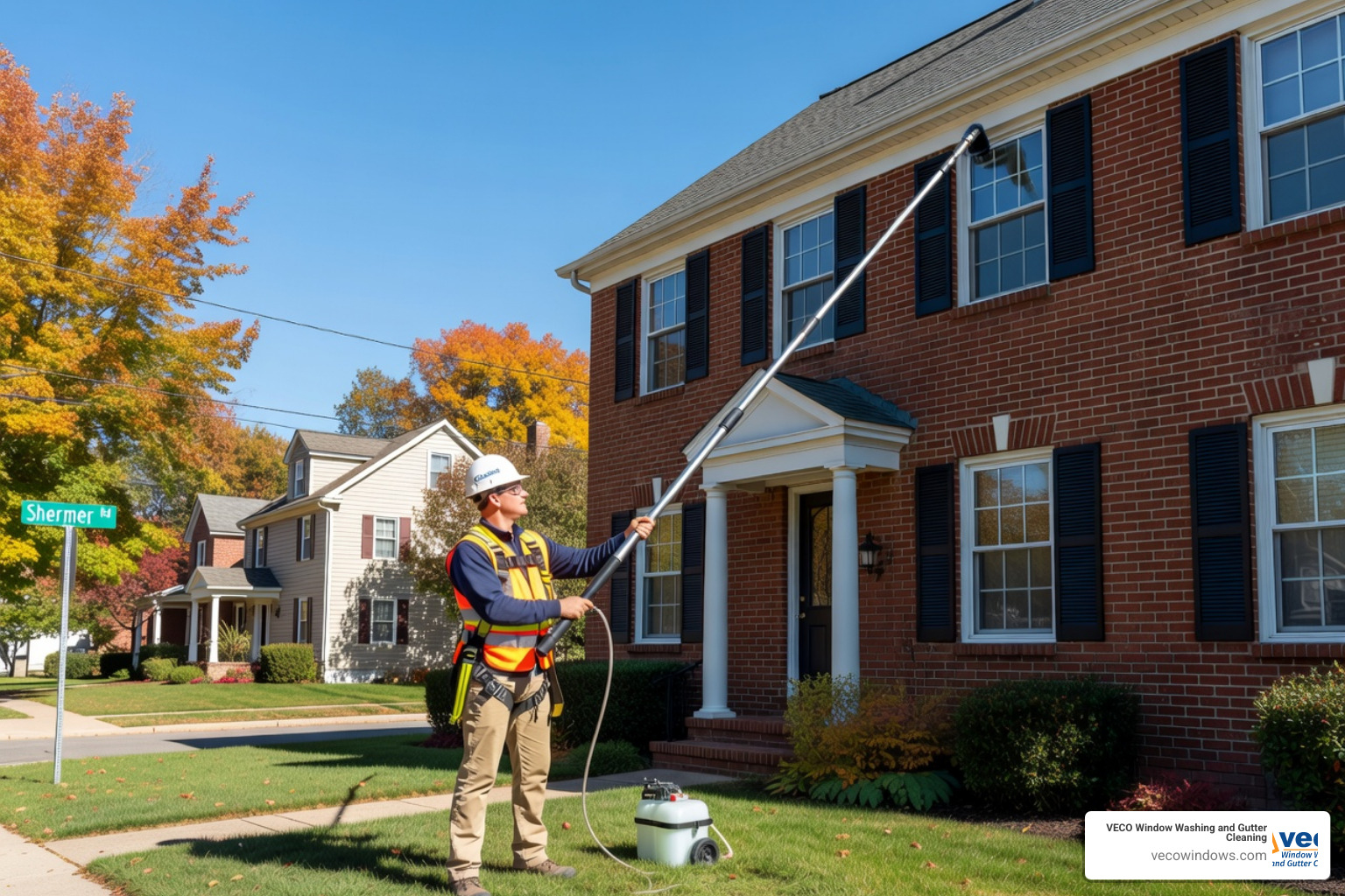 A professional technician safely cleaning a second-story window using a water-fed pole system - window washing northbrook A professional technician safely cleaning a second-story window using a water-fed pole system - window washing northbrook