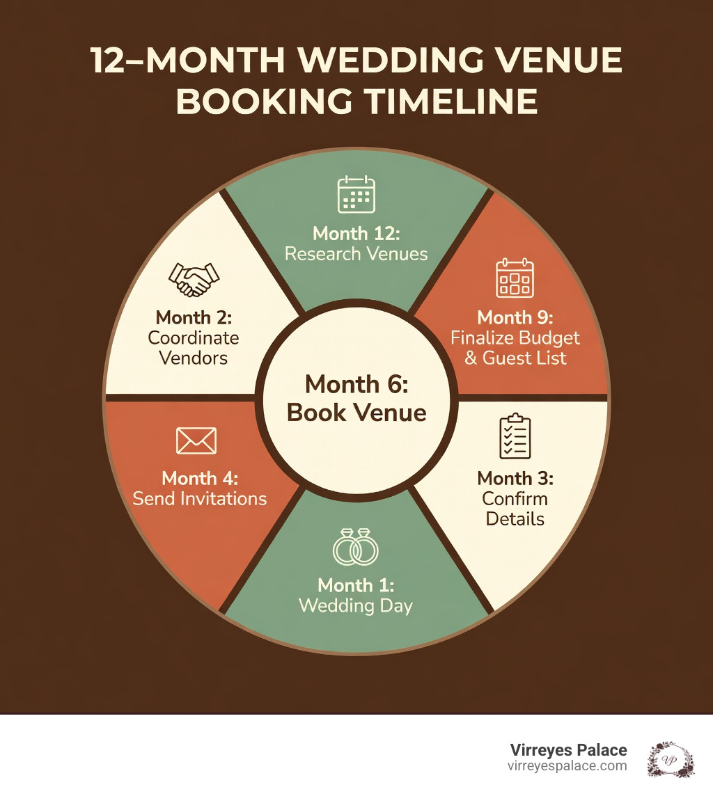 12-month wedding venue booking timeline infographic with key milestones - halls for wedding reception near me infographic 