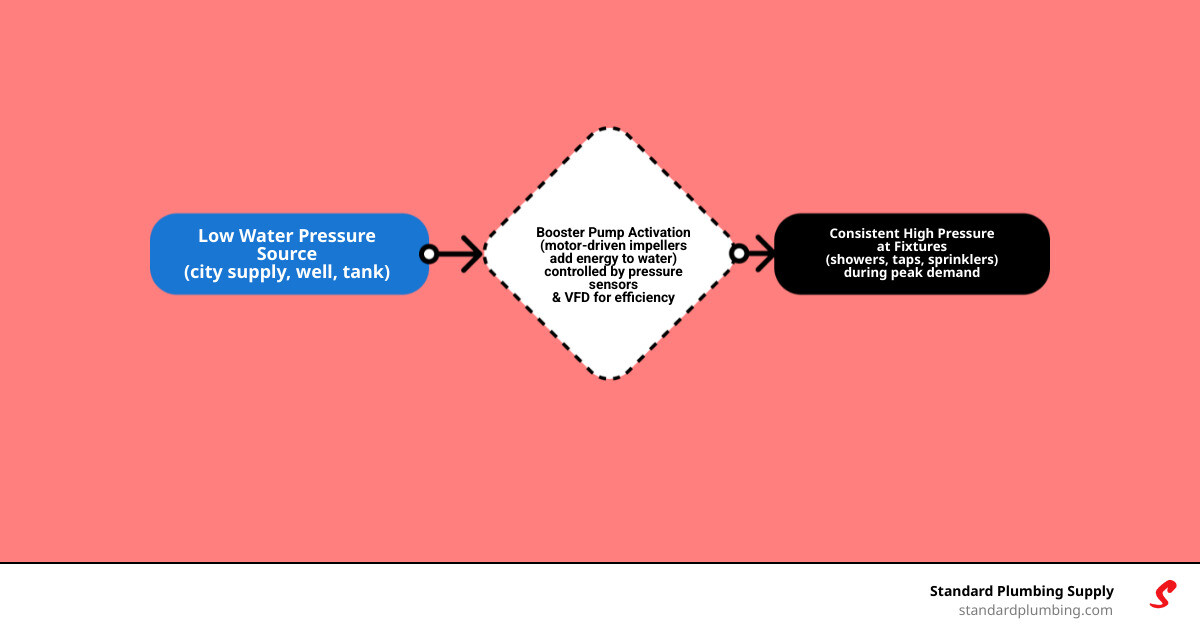 Infographic explaining the water pressure boosting process from source to fixture - booster pump systems infographic Infographic explaining the water pressure boosting process from source to fixture - booster pump systems infographic