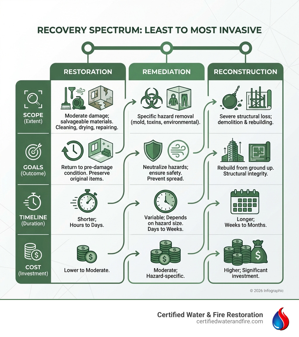 Infographic comparing restoration vs remediation vs reconstruction scope goals timeline and cost - restoration vs