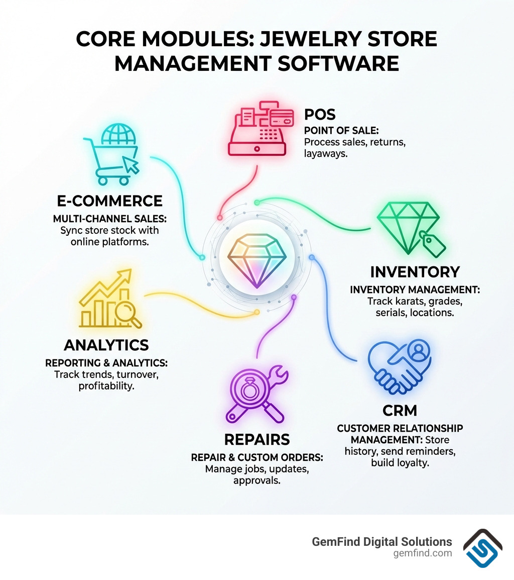 Core modules of jewelry store management software: POS, inventory, CRM, repairs, analytics, e-commerce - jewelry store
