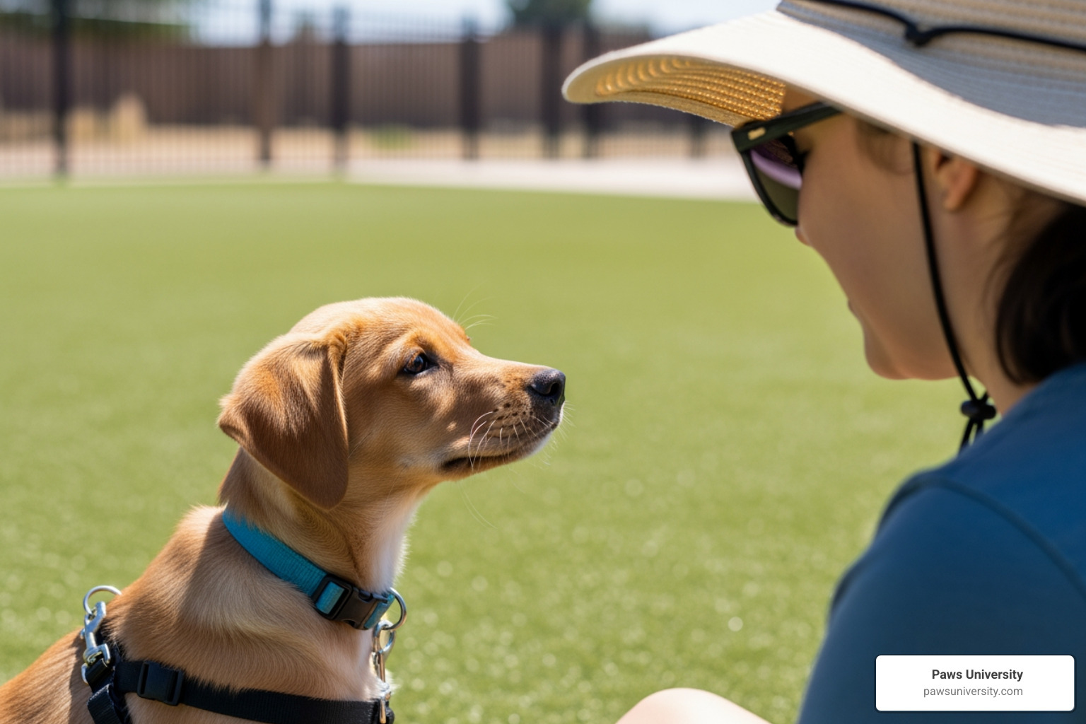 A young puppy meeting a person wearing a large sun hat and dark sunglasses in an outdoor setting - puppy socialization A young puppy meeting a person wearing a large sun hat and dark sunglasses in an outdoor setting - puppy socialization