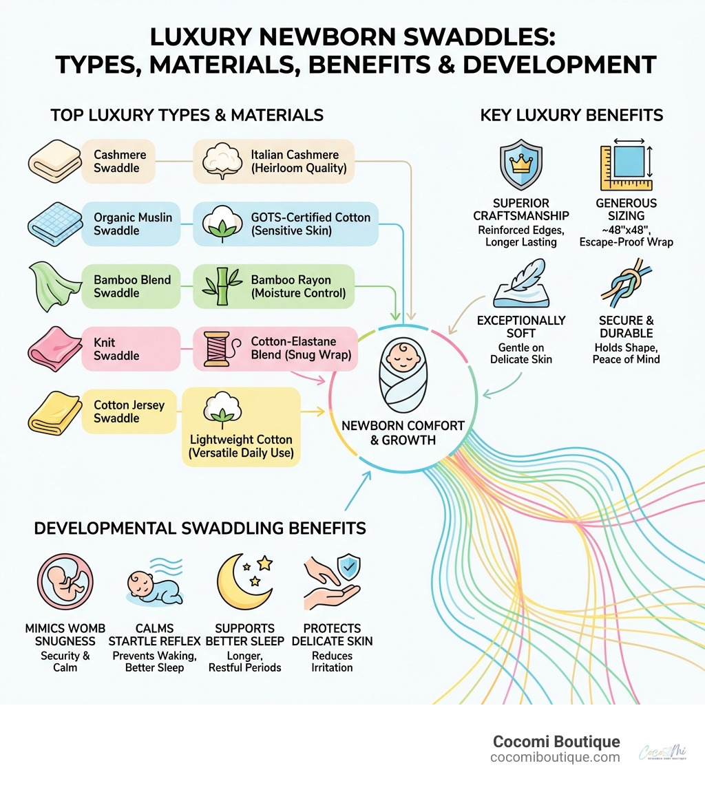 Infographic showing top luxury swaddle types, materials, key benefits, and developmental swaddling benefits for newborns