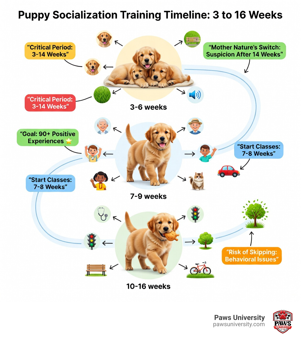 Puppy socialization training timeline from 3 to 16 weeks with key developmental milestones - puppy socialization training Puppy socialization training timeline from 3 to 16 weeks with key developmental milestones - puppy socialization training