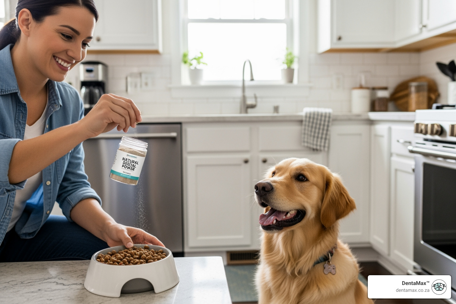 A dog owner sprinkling natural dental powder onto a bowl of healthy dog food - natural pet teeth powder