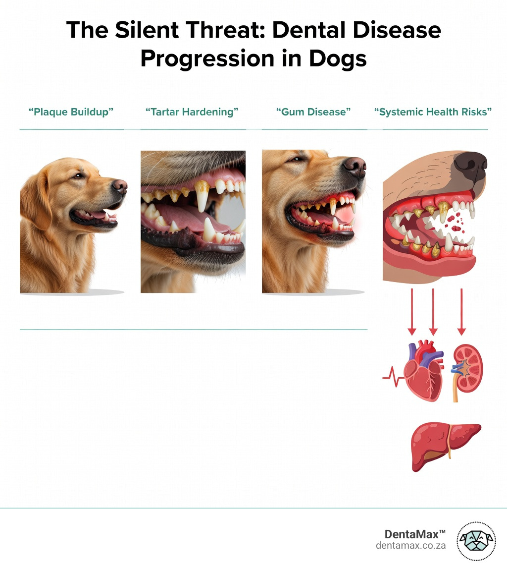 Infographic showing progression from plaque to tartar to gum disease and systemic health risks in dogs - no brushing dog