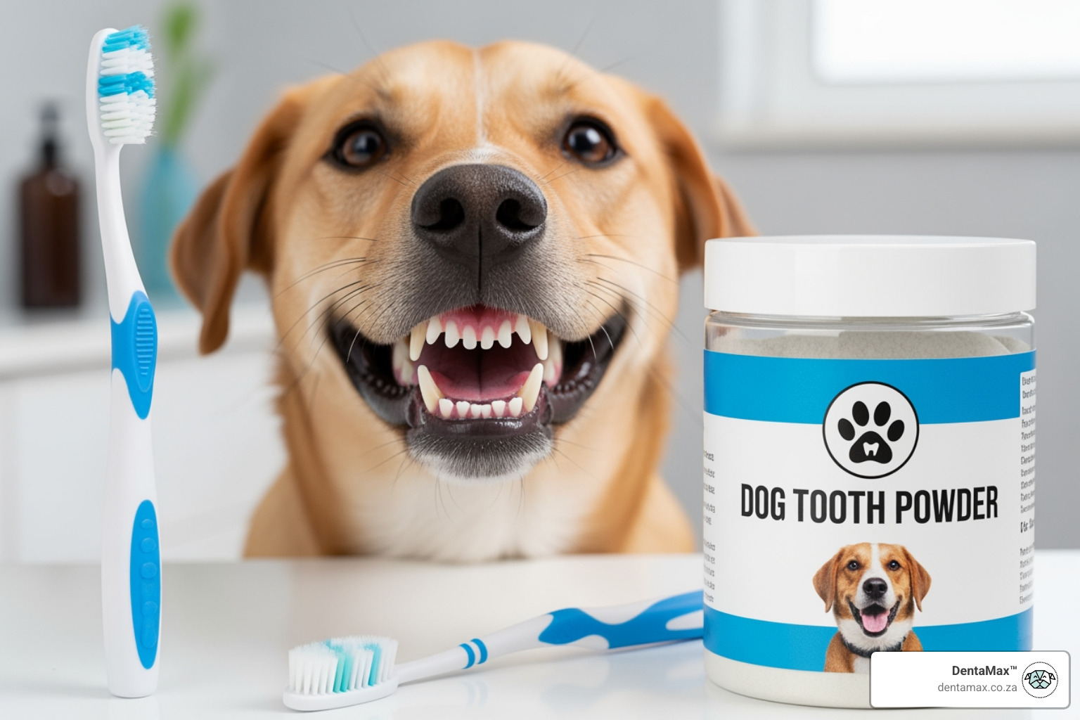 A close up of dog tooth powder being measured and sprinkled over a bowl of dry kibble, dog tooth powder