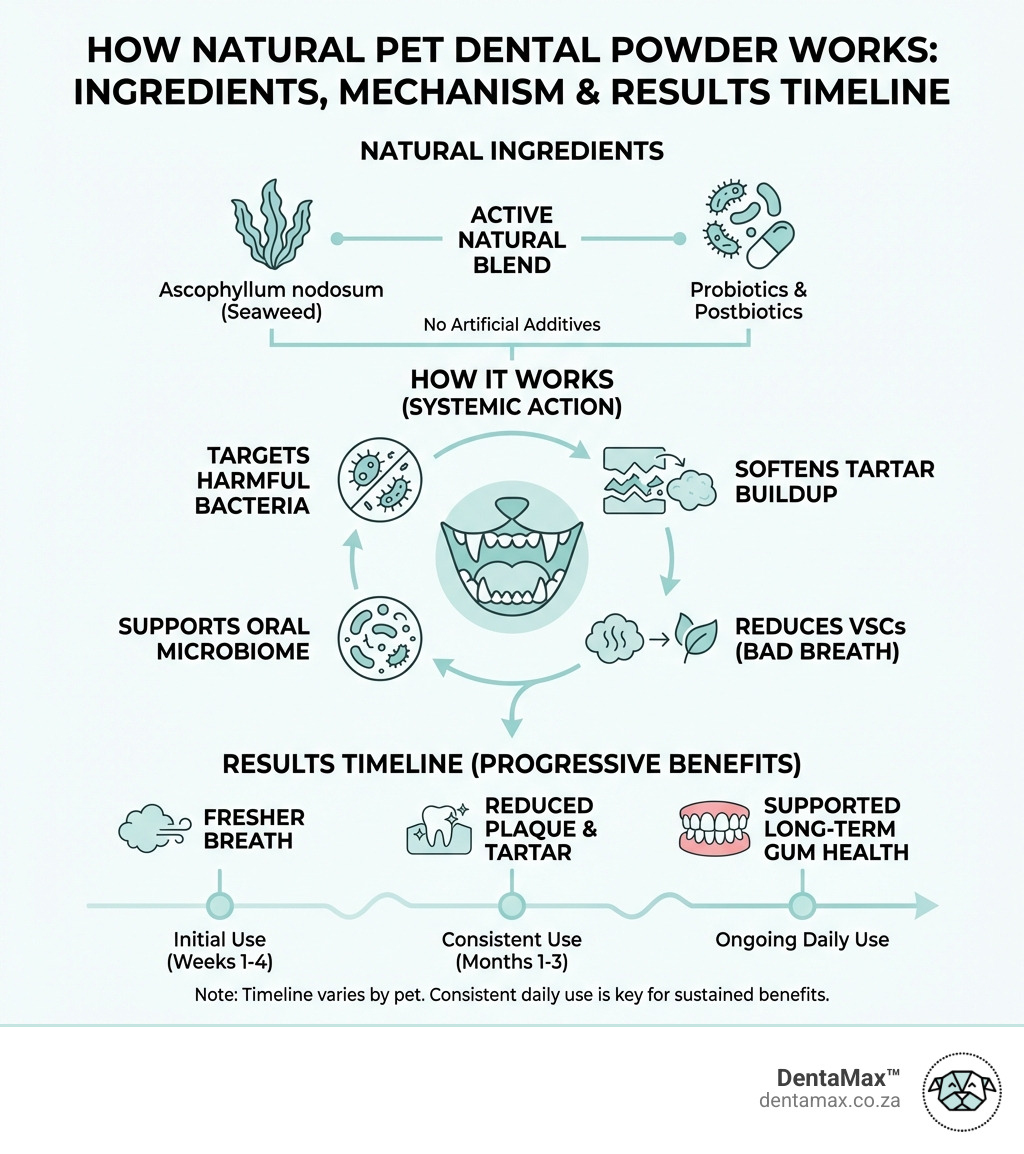How natural pet dental powder works: ingredients, mechanism and results timeline infographic - natural pet teeth powder