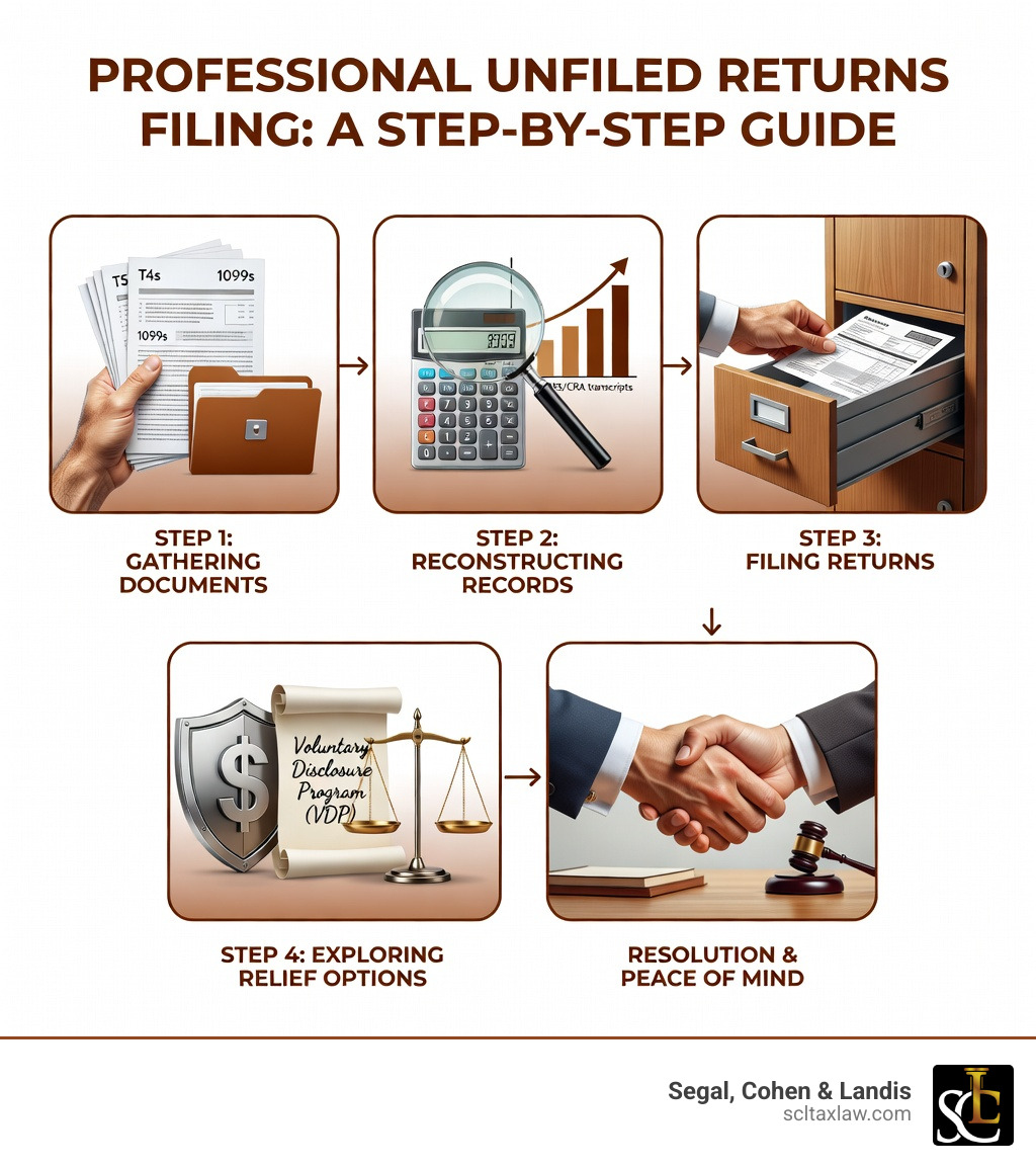 Step-by-step infographic showing how professional unfiled returns filing works from document gathering to resolution