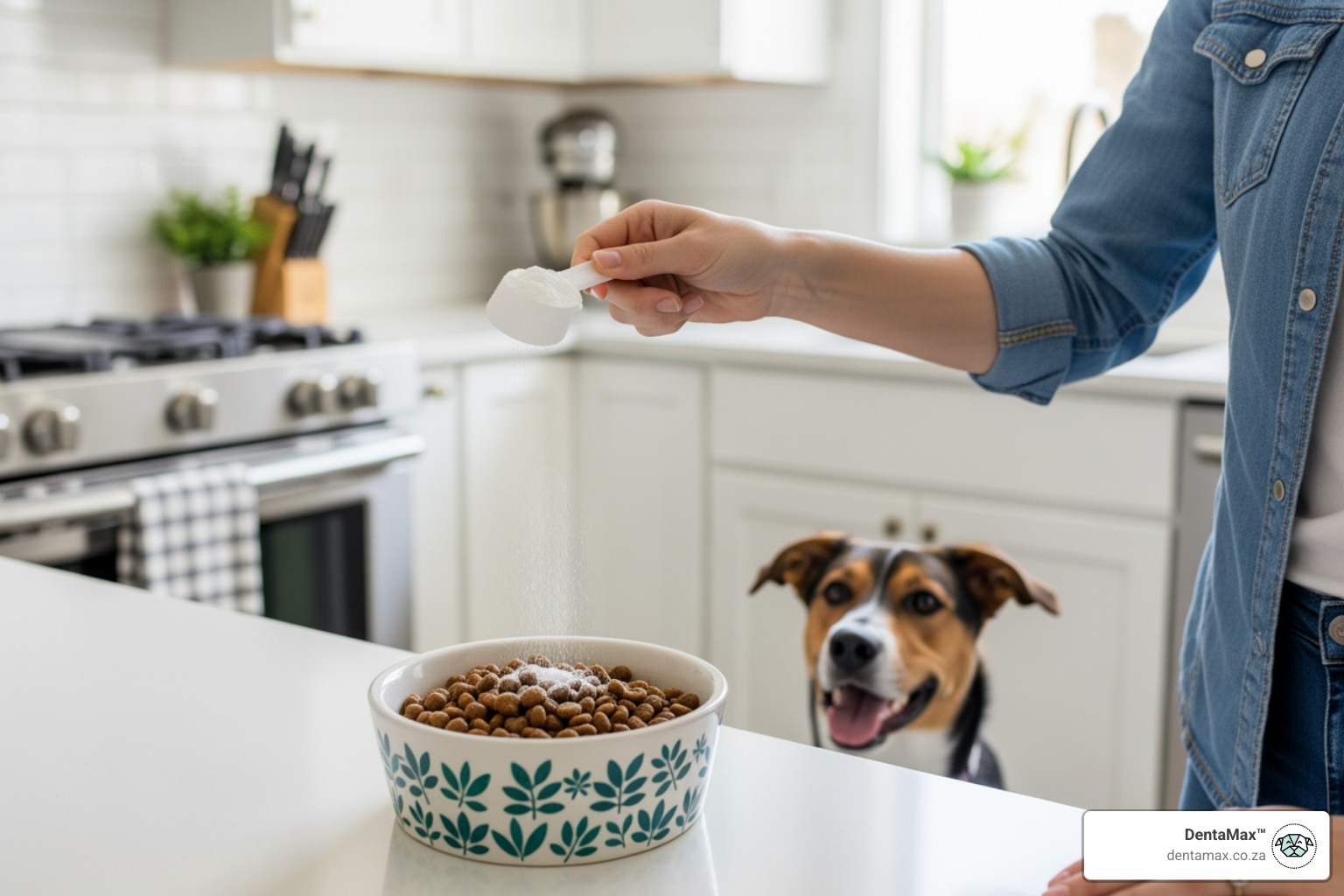 A dog owner sprinkling dental powder onto a bowl of dry kibble, best dental powder for dogs