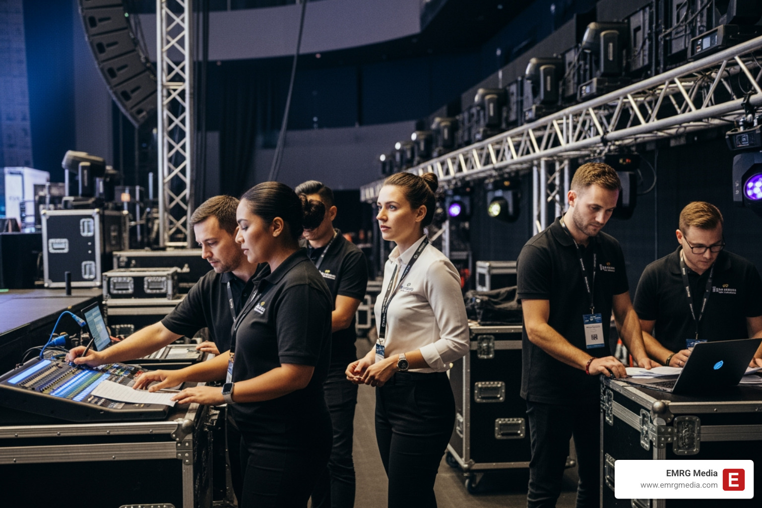 Professional event planners coordinating logistics backstage at a high-profile venue - celebrity event management Professional event planners coordinating logistics backstage at a high-profile venue - celebrity event management