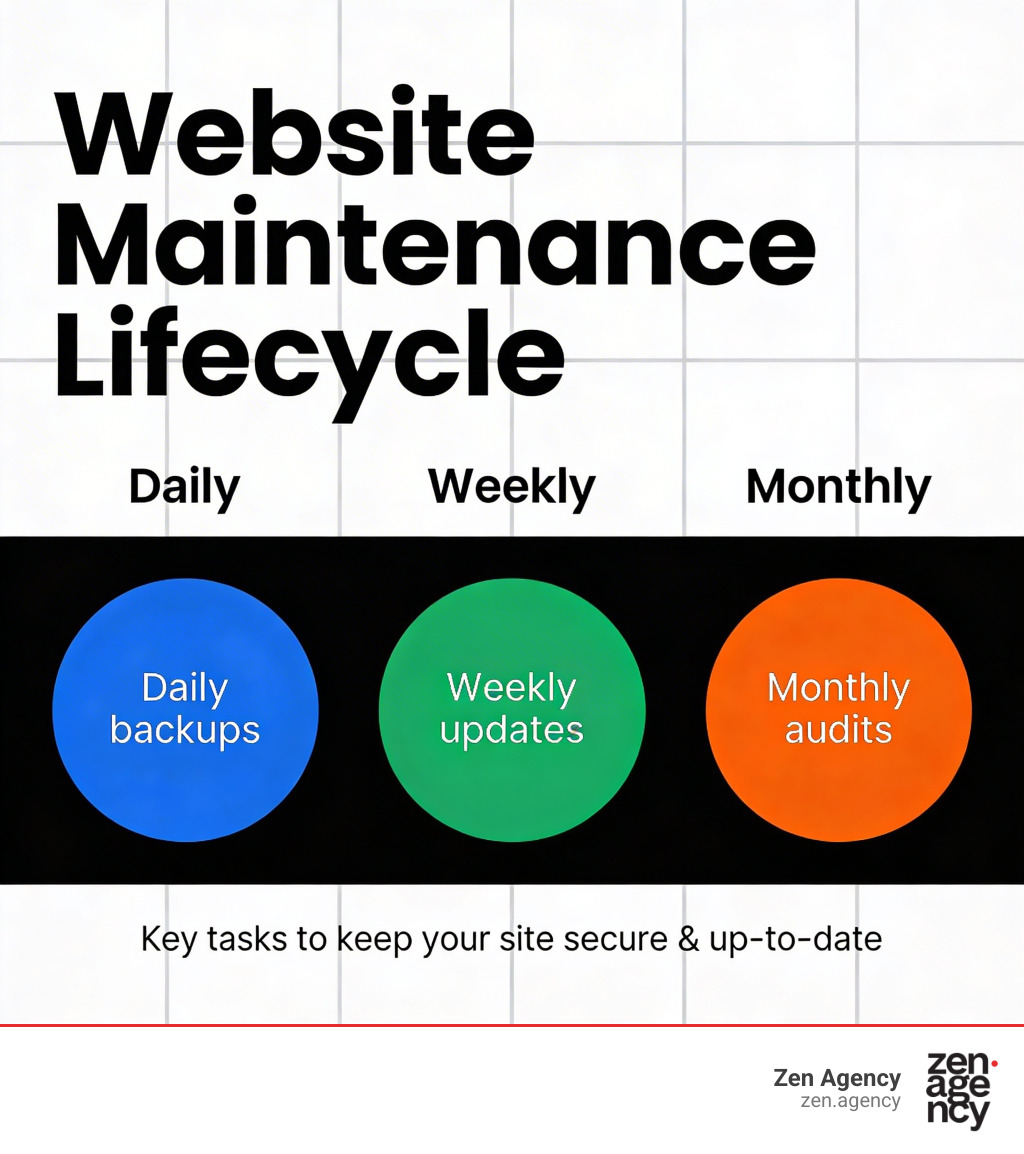Website maintenance lifecycle infographic showing tasks by frequency: daily backups, weekly updates, monthly audits Website maintenance lifecycle infographic showing tasks by frequency: daily backups, weekly updates, monthly audits