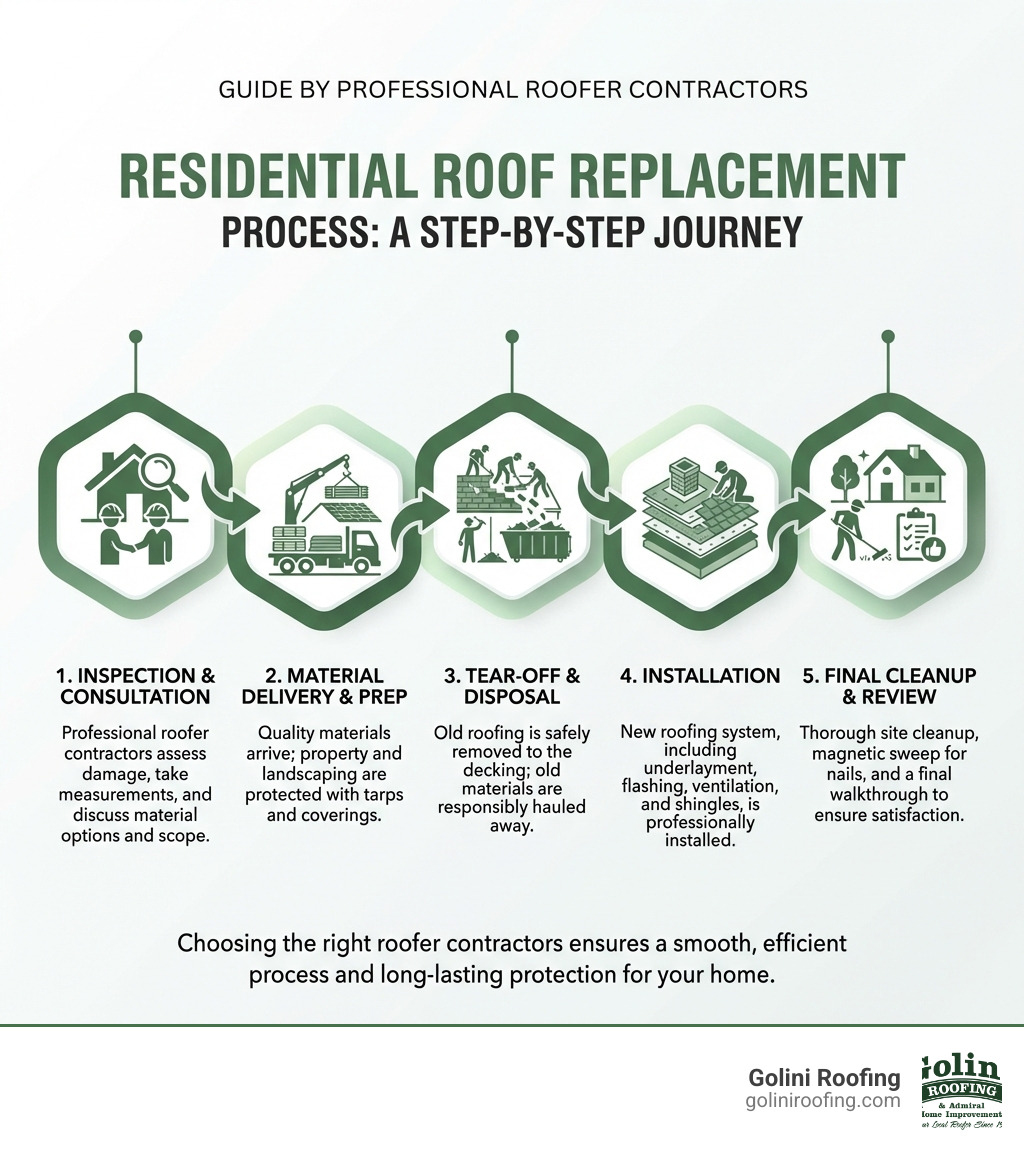 Step-by-step infographic showing the residential roof replacement process from inspection to final cleanup - roofer Step-by-step infographic showing the residential roof replacement process from inspection to final cleanup - roofer