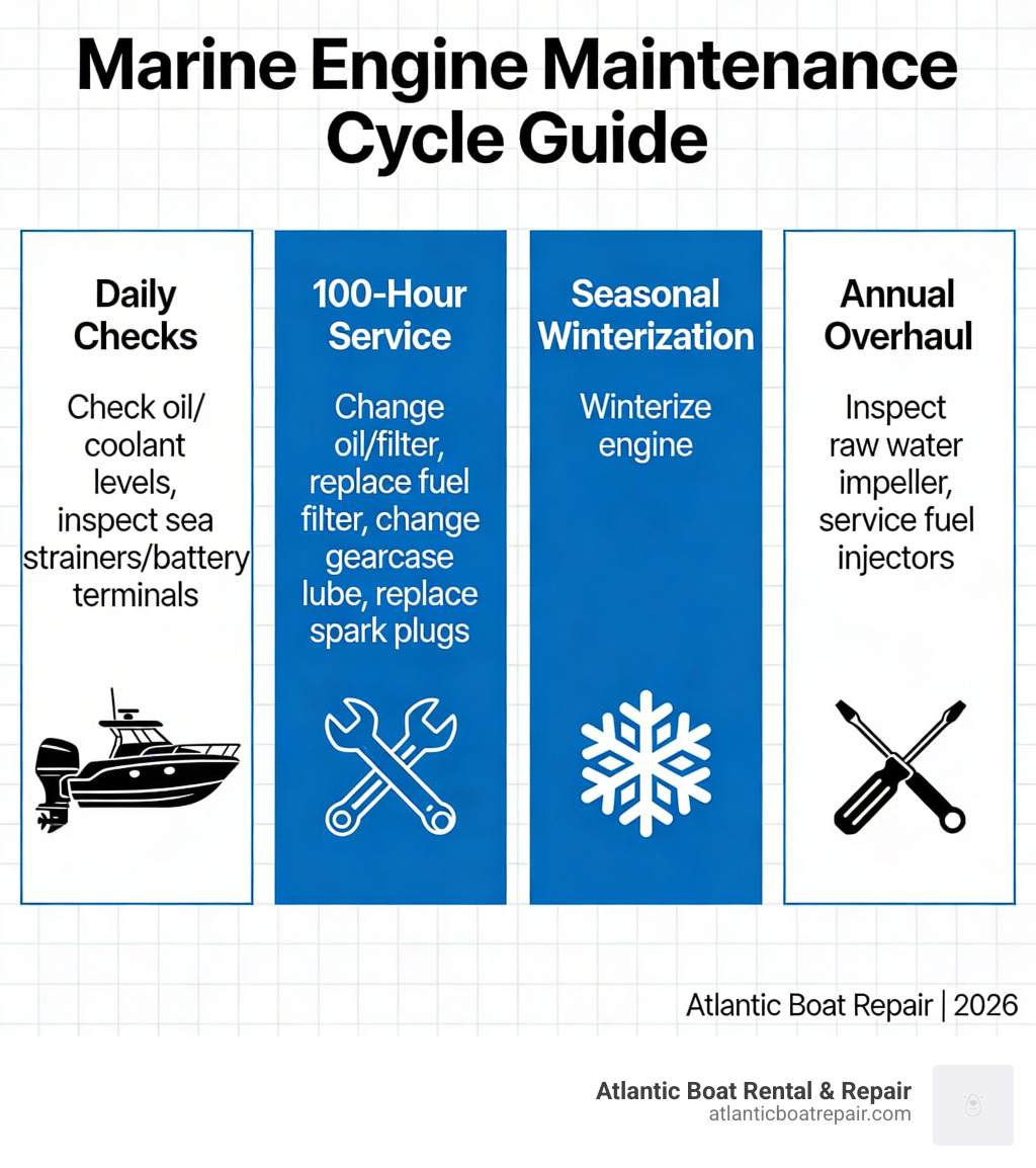 Marine engine maintenance cycle infographic: daily checks, 100-hour service, seasonal winterization, and annual overhaul