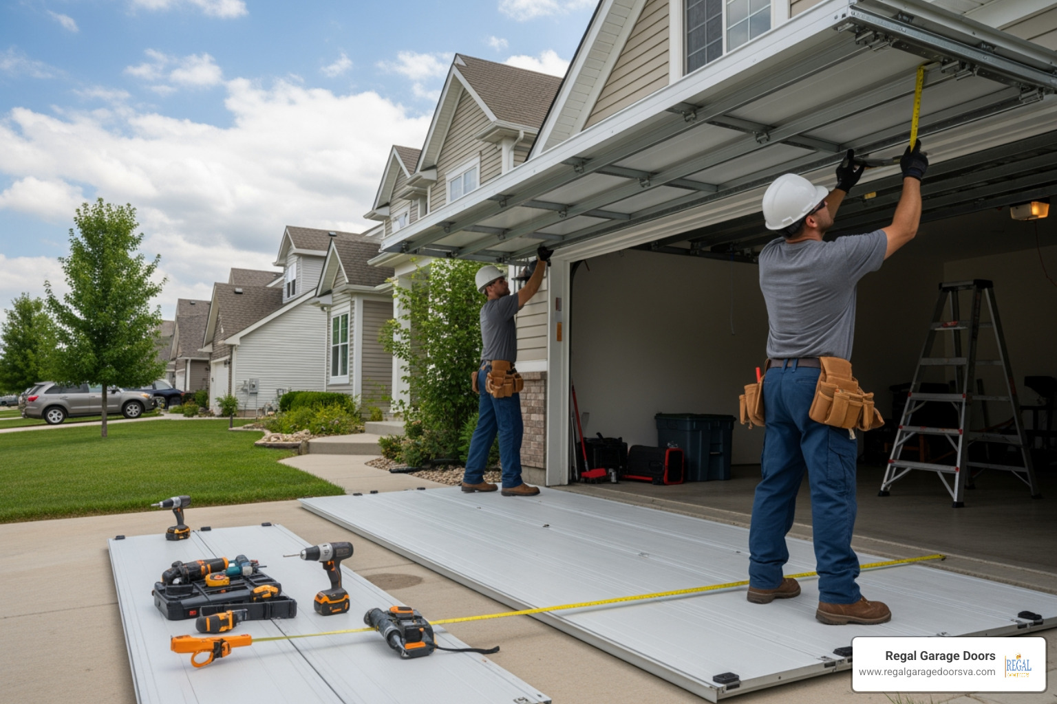 Technicians installing a new overhead garage door - garage doors harrisonburg va