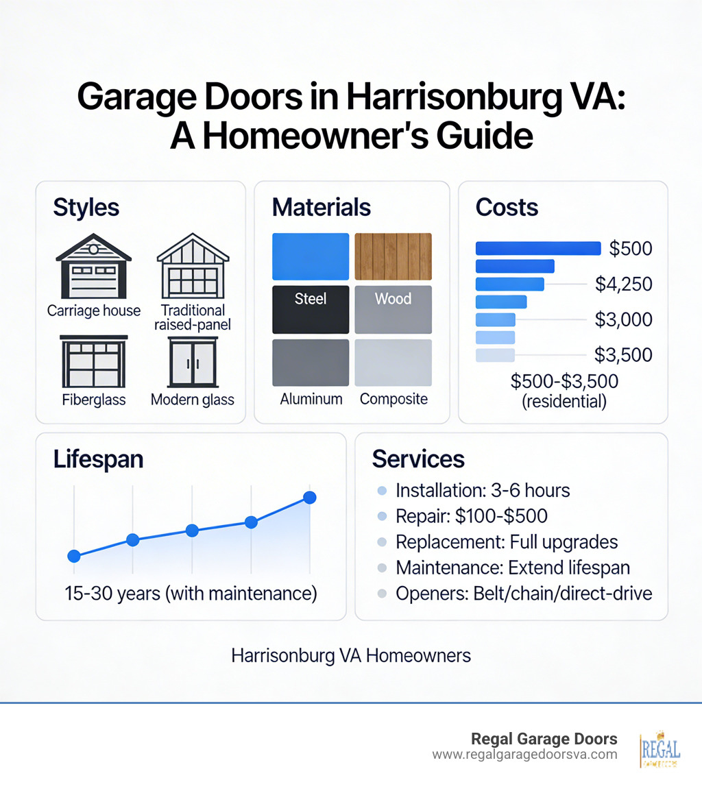 Infographic showing garage door types, materials, cost ranges, lifespan, and service options for Harrisonburg VA homeowners