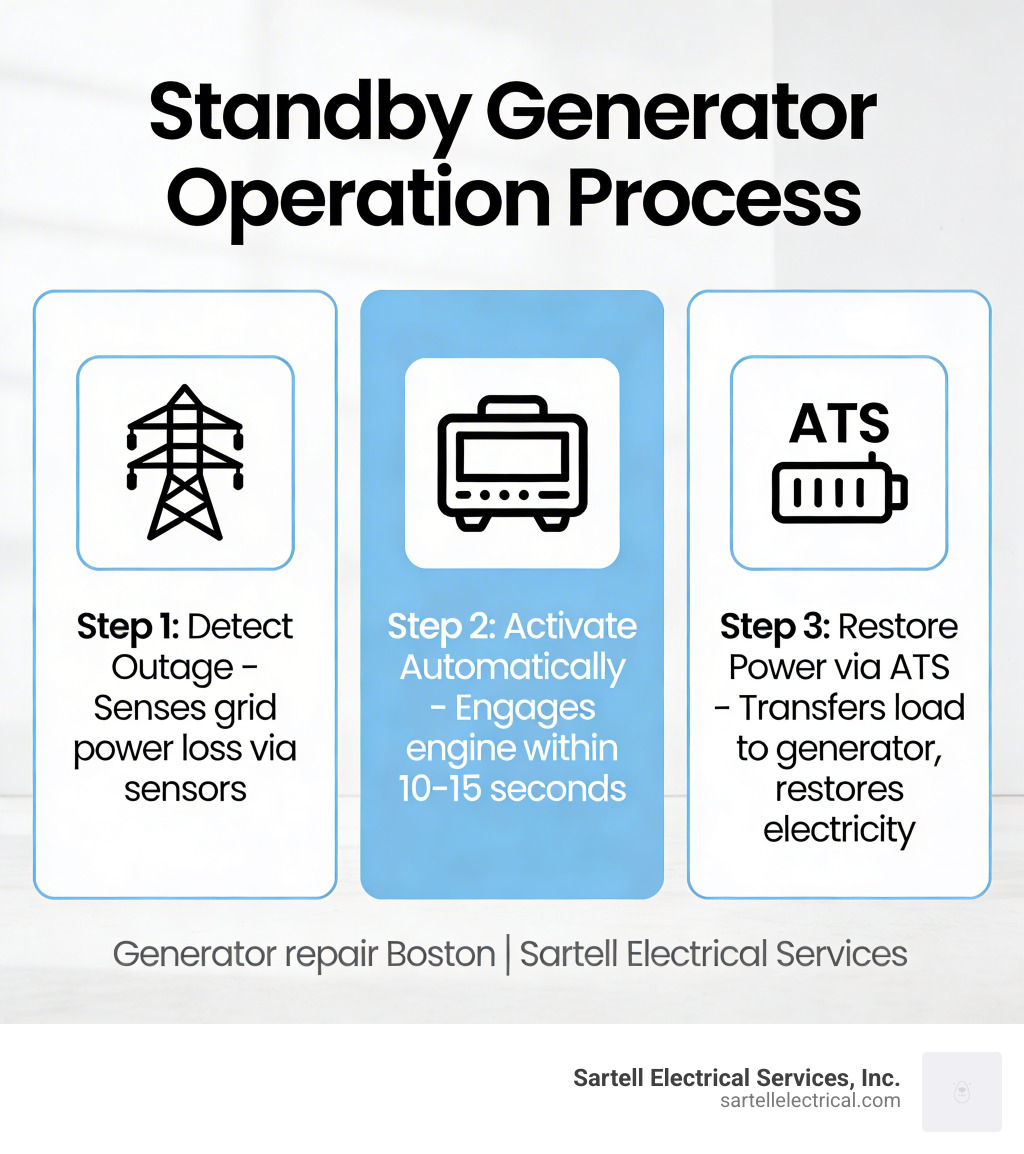 Standby generator operation process infographic detailing steps to detect power outages, activate generator automatically, and restore electricity, featuring branding for Sartell Electrical Services, Inc.