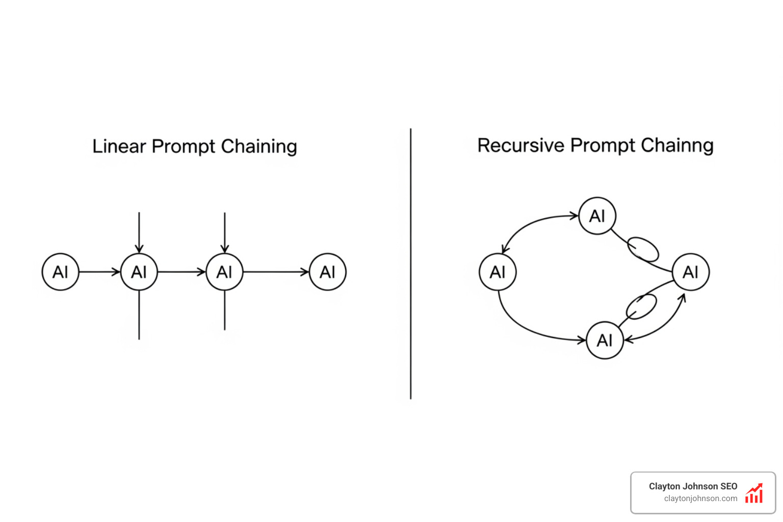 Visual representation of linear vs. recursive chaining patterns in AI architecture - How chaining prompts scales AI Visual representation of linear vs. recursive chaining patterns in AI architecture - How chaining prompts scales AI
