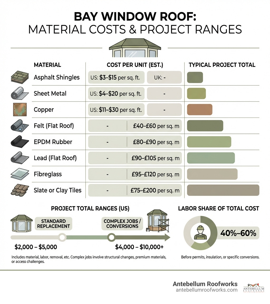 Infographic comparing bay window roof materials, costs per square foot, and typical project total ranges - bay window roof Infographic comparing bay window roof materials, costs per square foot, and typical project total ranges - bay window roof