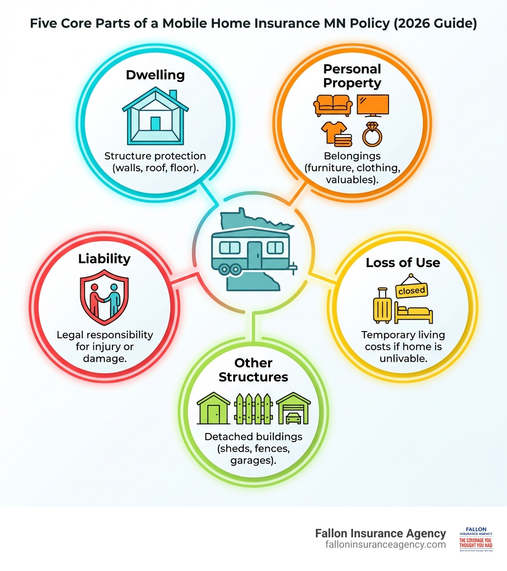 Five core parts of a mobile home insurance MN policy: dwelling, personal property, liability, loss of use, other structures