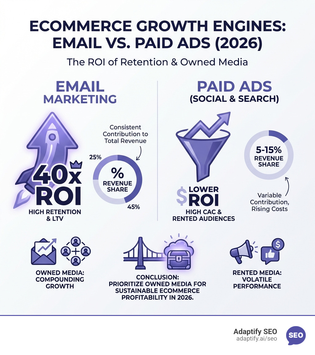 Infographic comparing email marketing ROI vs paid ads for ecommerce brands, showing 40x ROI and 25-45% revenue share - email