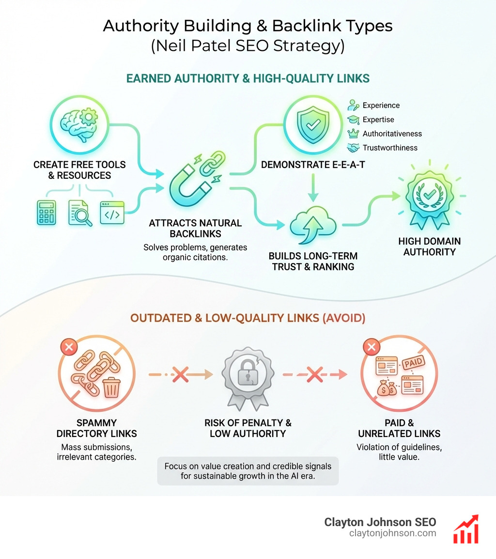 Infographic explaining backlink types and authority building - SEO strategies infographic