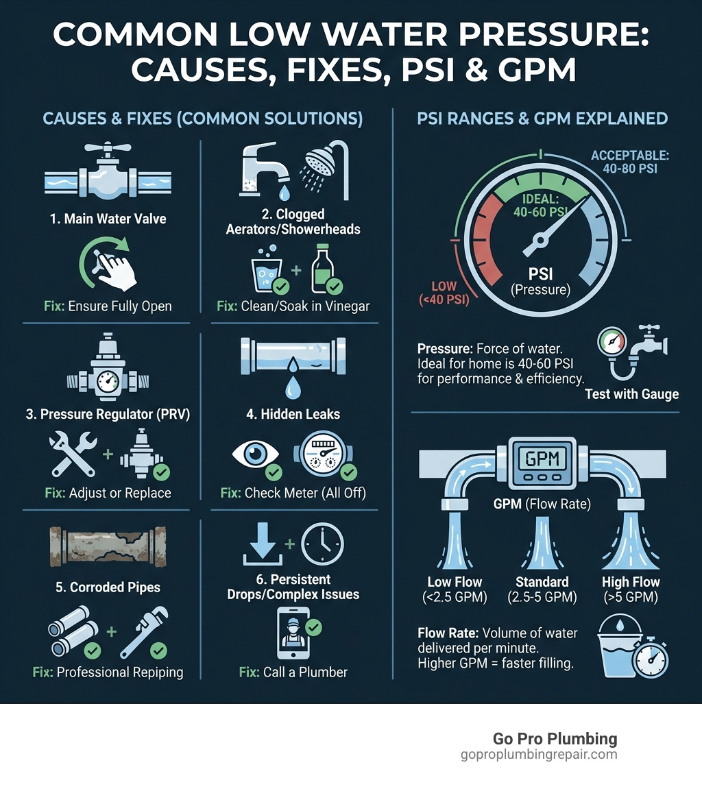 Infographic showing common low water pressure causes and fixes with PSI ranges and flow rate GPM explained - low water
