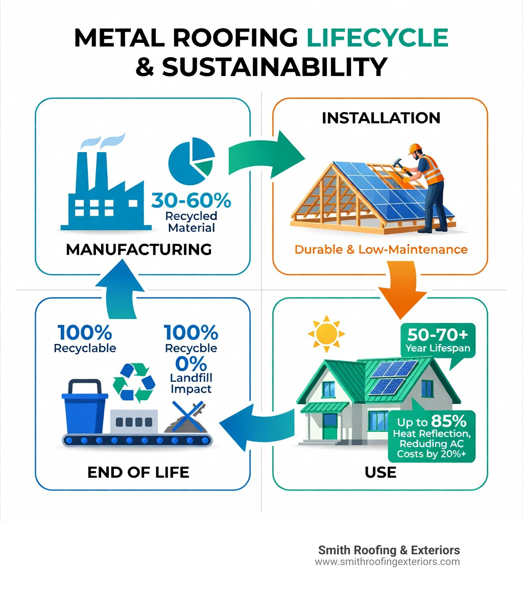 Metal roofing lifecycle and sustainability infographic showing lifespan, recycled content, energy savings, and landfill Metal roofing lifecycle and sustainability infographic showing lifespan, recycled content, energy savings, and landfill