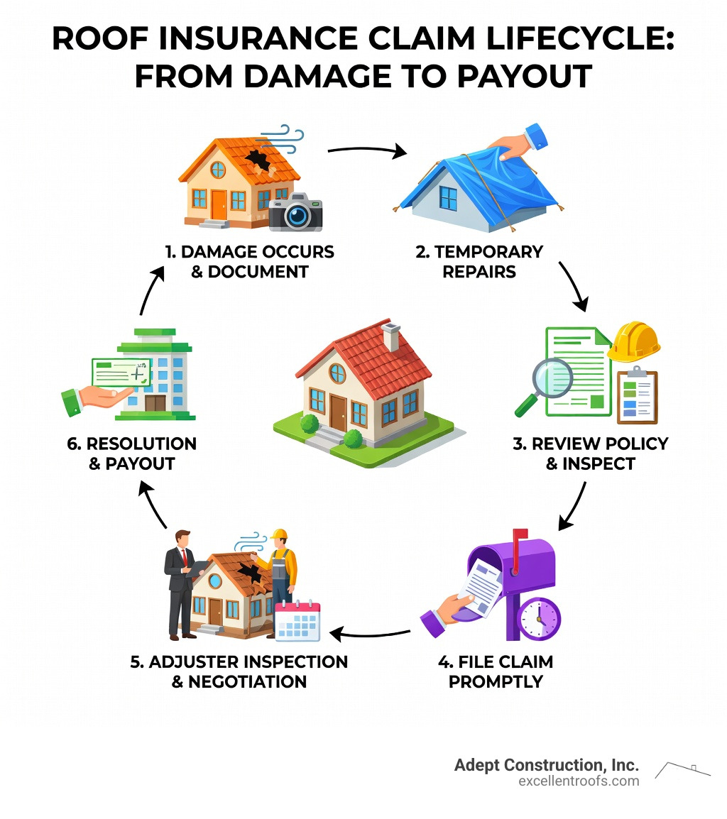 Step-by-step roof insurance claim lifecycle from damage to payout - roof insurance claim help infographic 