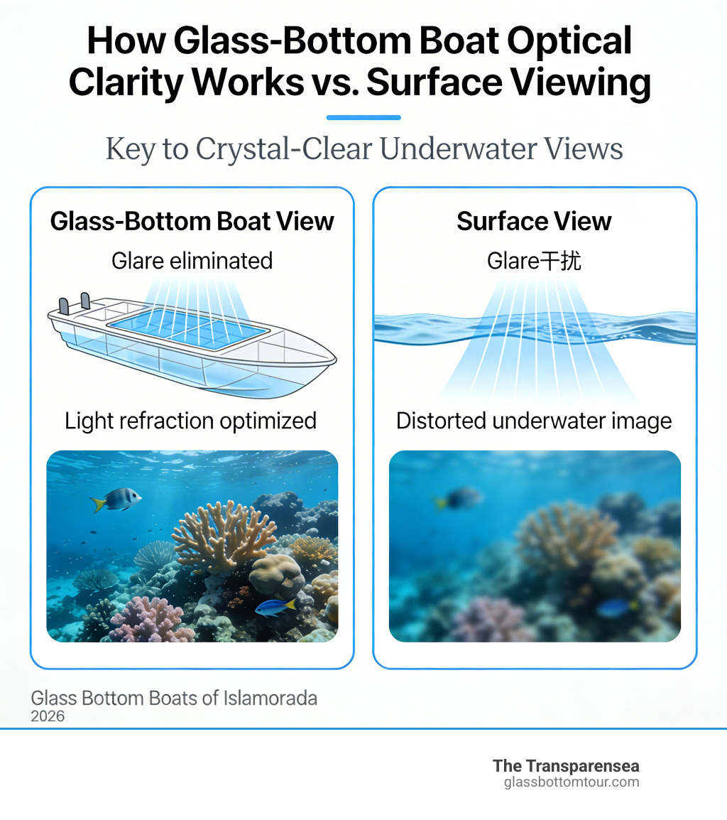 How glass-bottom boat optical clarity works compared to surface viewing &mdash; infographic - Underwater glass boat infographic 