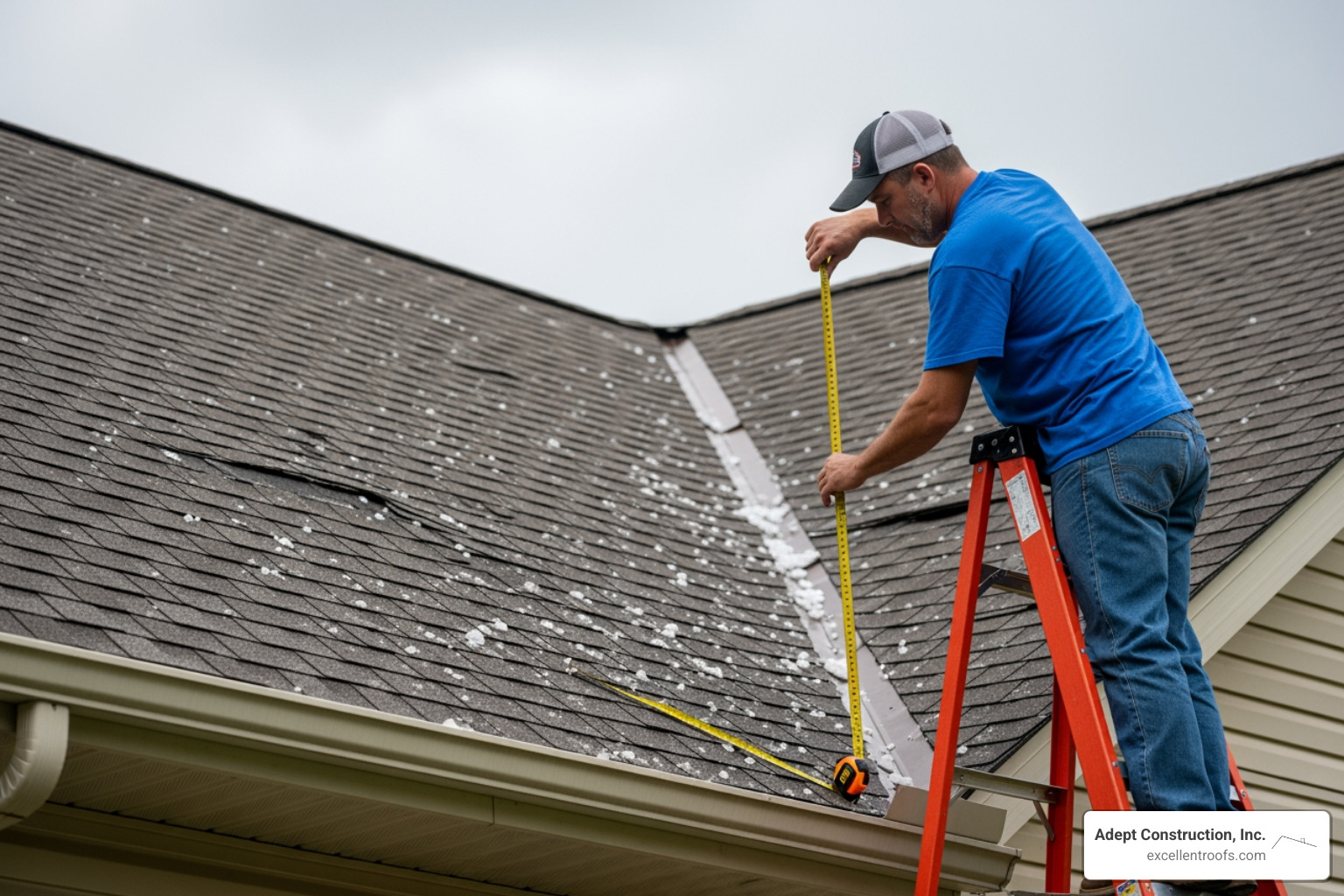Homeowner documenting hail damage with a measuring tape - roof insurance claim help