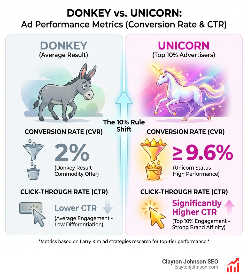 Table comparing Donkey vs Unicorn metrics for conversion rates and CTR - Larry Kim ad strategies infographic 