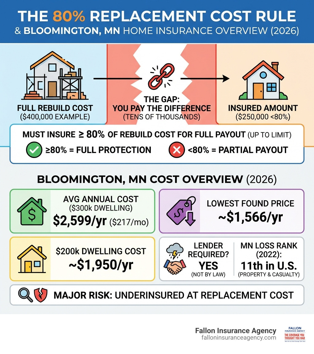 Infographic explaining 80% replacement cost rule and Bloomington MN home insurance cost overview - home insurance