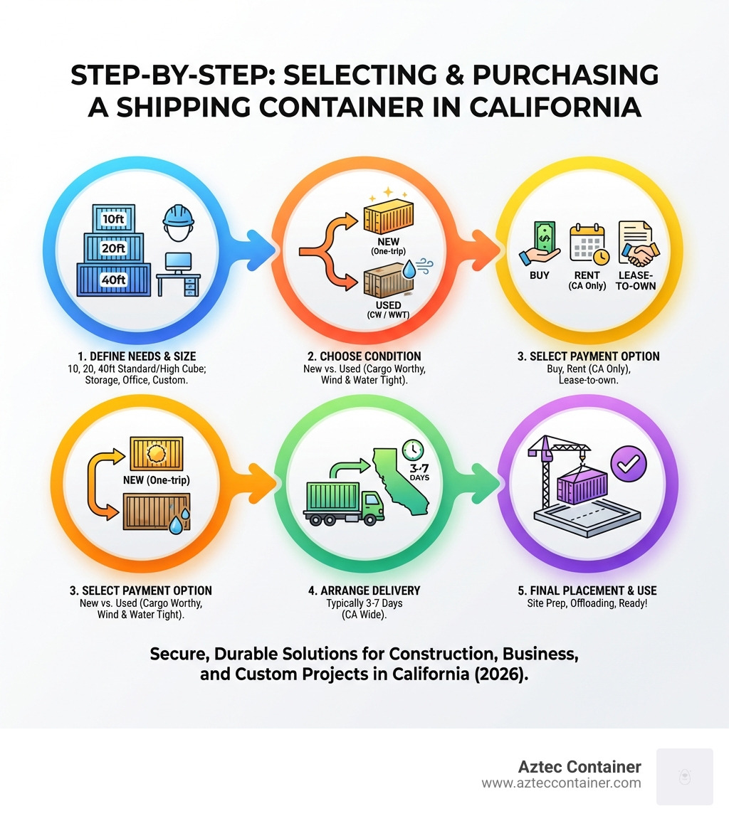 Step-by-step infographic for selecting and purchasing a shipping container in California - shipping containers for sale ca
