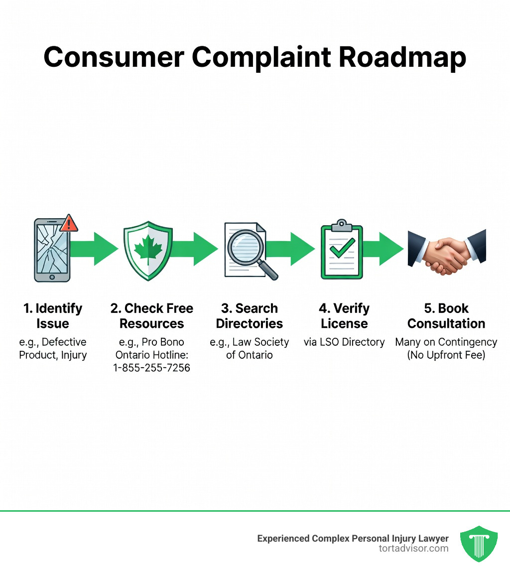 Consumer complaint roadmap showing steps from identifying a product issue to hiring an attorney - consumer product attorney Consumer complaint roadmap showing steps from identifying a product issue to hiring an attorney - consumer product attorney