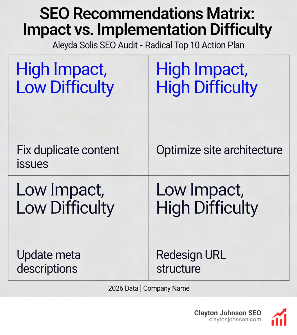 SEO Recommendations Matrix: Comparing Impact vs. Implementation Difficulty - Aleyda Solis SEO audit infographic 