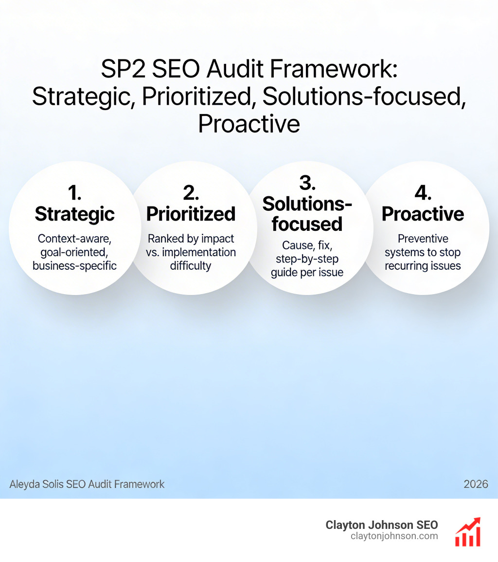 SP2 SEO Audit Framework: Strategic, Prioritized, Solutions-focused, Proactive with key principles - Aleyda Solis SEO audit