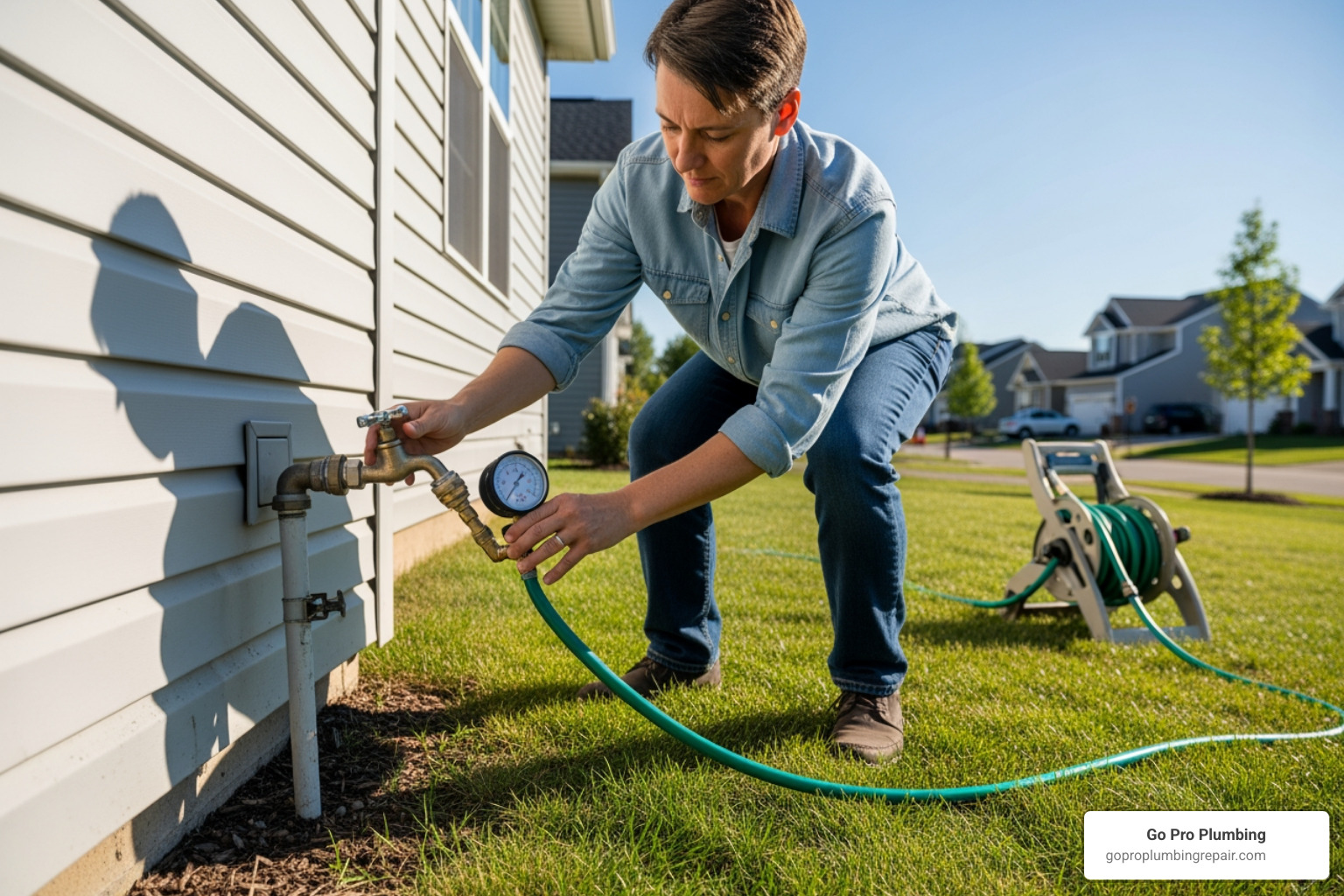 Homeowner attaching a pressure gauge to an outdoor hose spigot to test house PSI - low water pressure fix