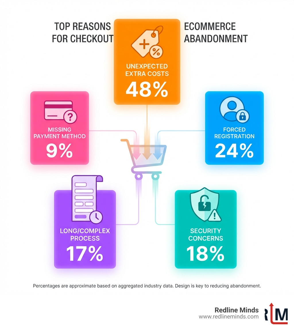Top reasons for ecommerce checkout abandonment with percentages - ecommerce checkout page design infographic Top reasons for ecommerce checkout abandonment with percentages - ecommerce checkout page design infographic