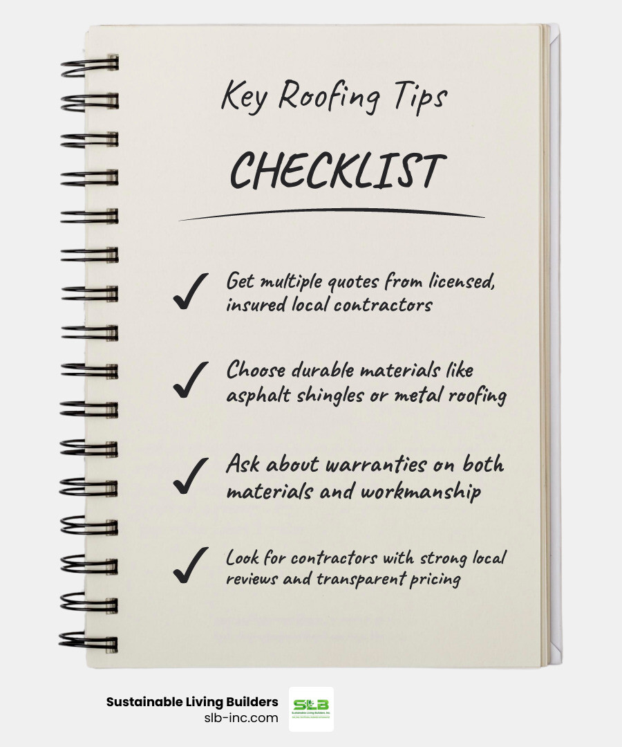 Infographic showing key tips for finding affordable roofing in Boyes Hot Springs CA including licensing, materials Infographic showing key tips for finding affordable roofing in Boyes Hot Springs CA including licensing, materials